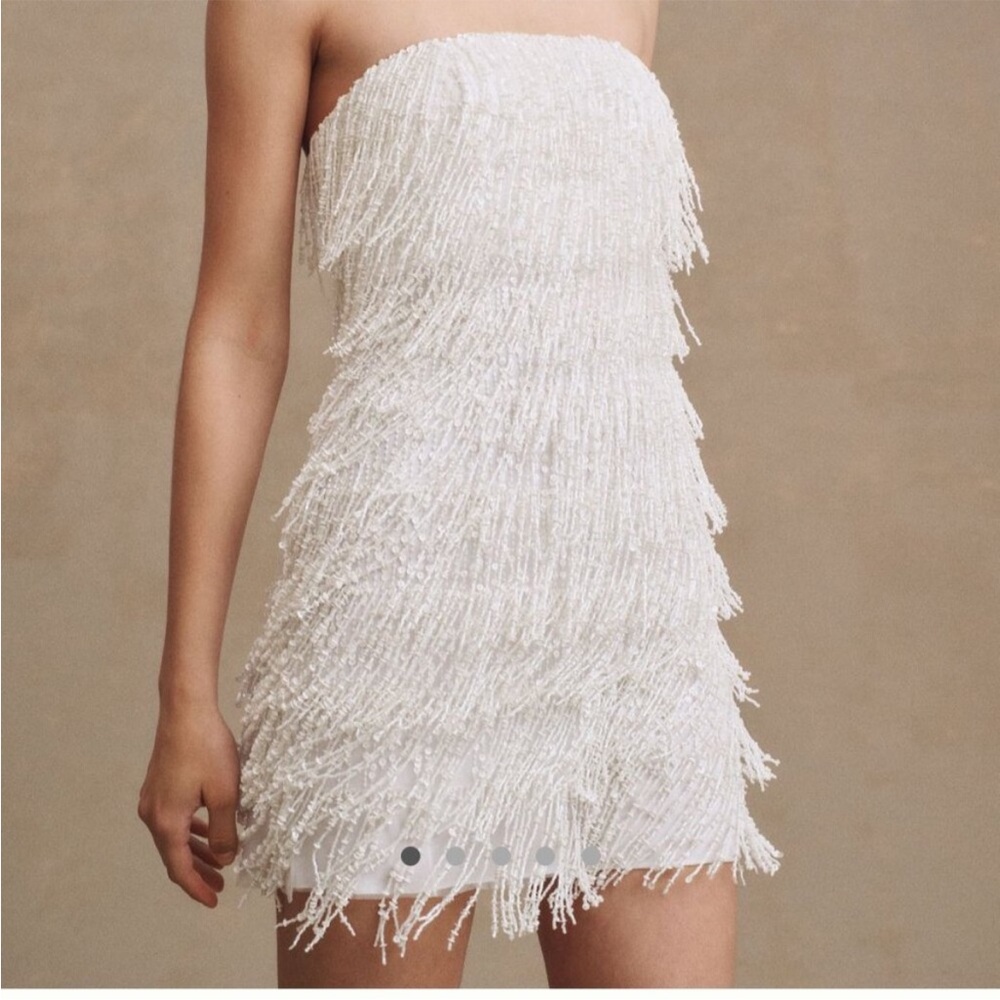 NWT BHLDN Anthropologie Arabella Strapless Sequin Fringe Mini Dress White Silver